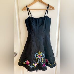 Vtg 90s Betsey Johnson Evening Silk Dress Tulle Embroidered Mad Hatter Whimsy 6